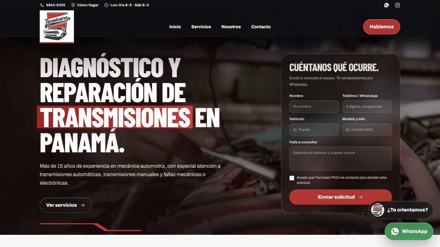 Portada de Tecnicars P&G con servicios de diagnóstico y reparación de transmisiones y formulario de consulta